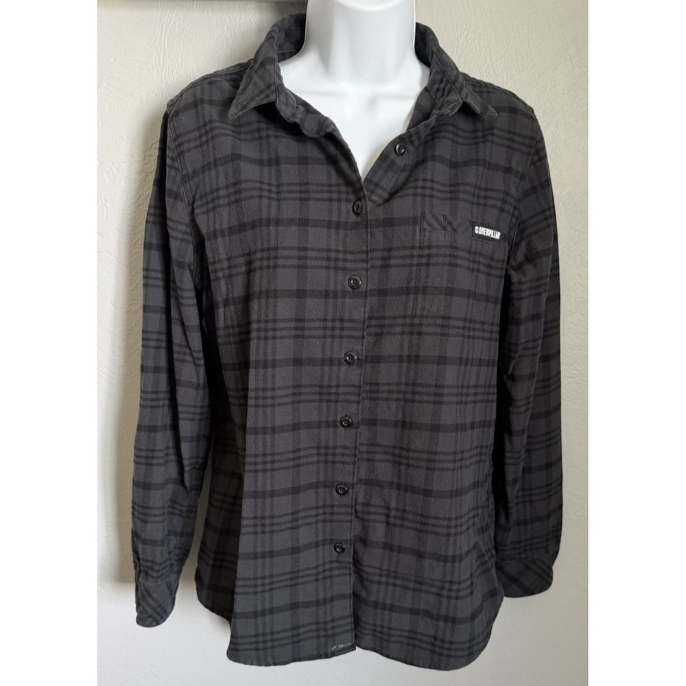 Caterpillar Flannel Button Up Womens Medium Workwear Black Plaid Long Sleeve